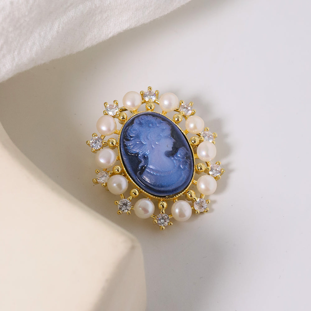 Natural Pearls Cameo Blue Carved Inlaid Zircon Brooches Women Fashion Jewelry Brooches Pearl Brooch Madam Gift