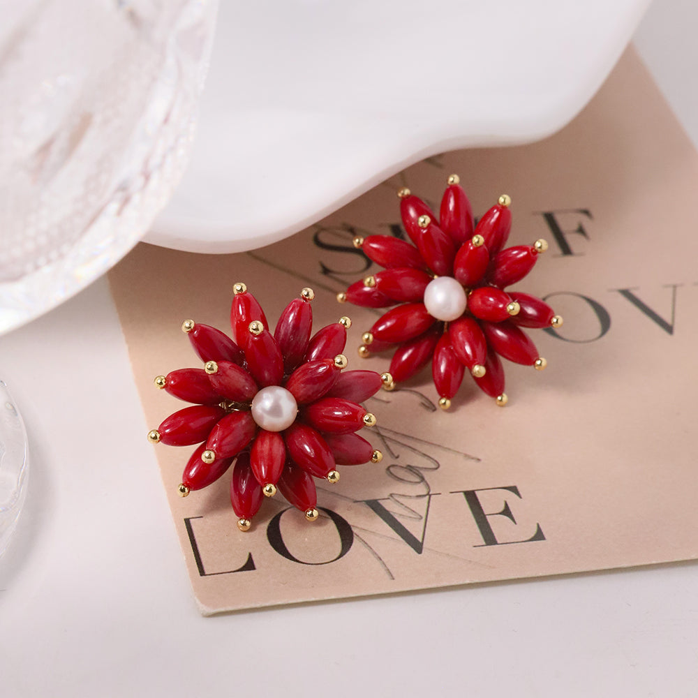 Natural Red Coral Stone Flower Freshwater Pearl Earrings Korean Style Women Luxury Jewelry Fashion Ladies and Girls Gift