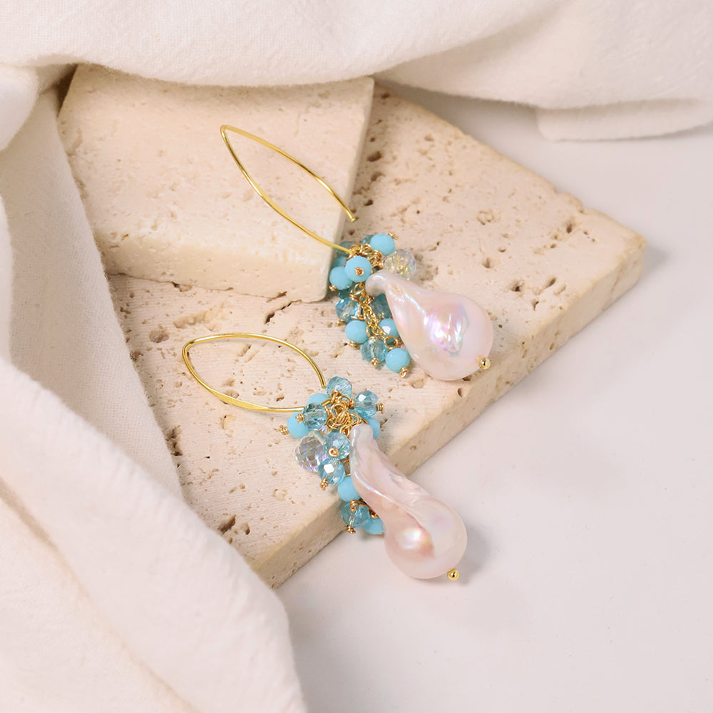 Natural Freshwater Baroque Pearl Blue Flower Earrings Korean Style Women Luxury Jewelry Fashion Ladies and Girls Gift