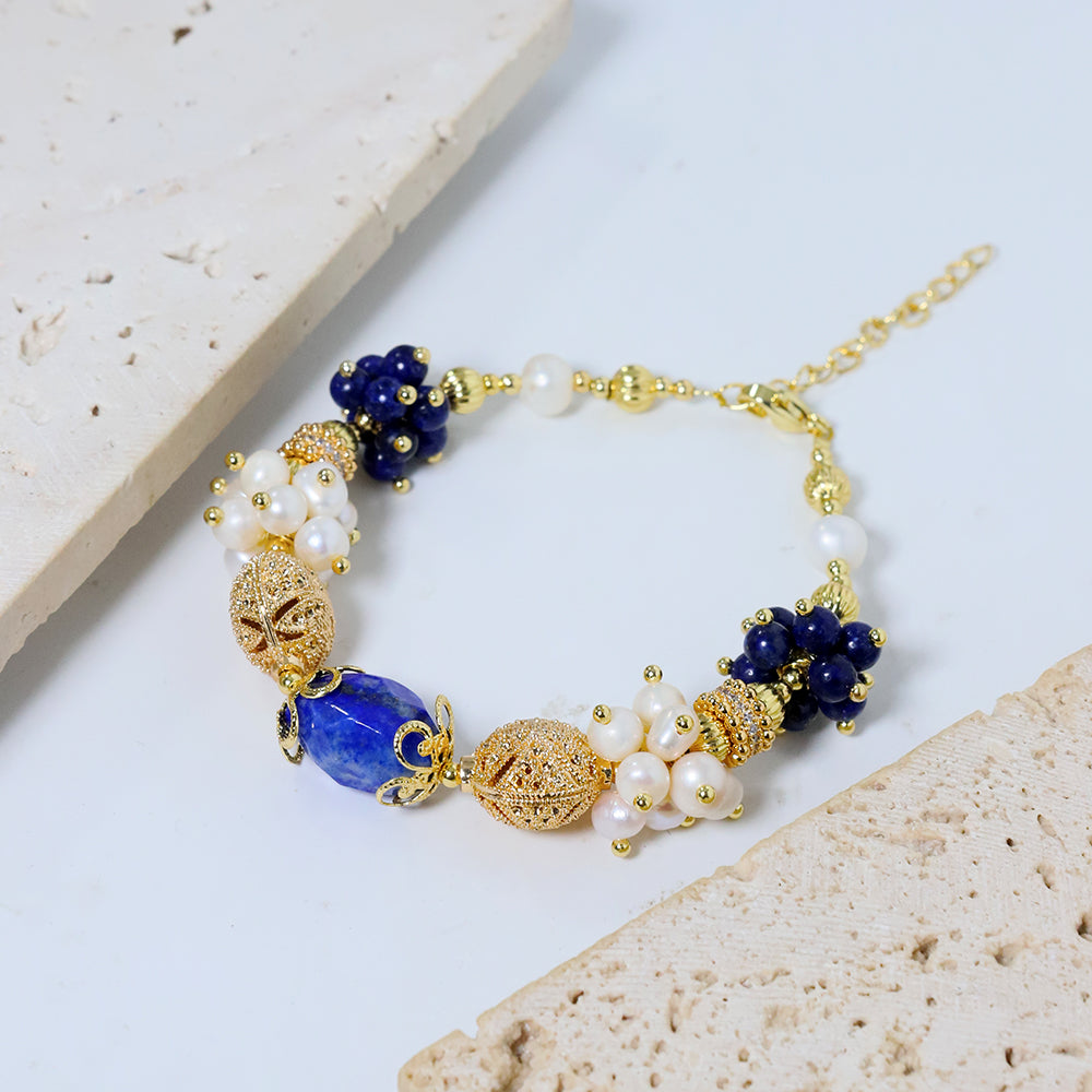 Natural Freshwater Pearl Lapis Lazuli Flower Bracelet Korean Women's Luxury Jewelry Fashion Women's and Girls' Gifts