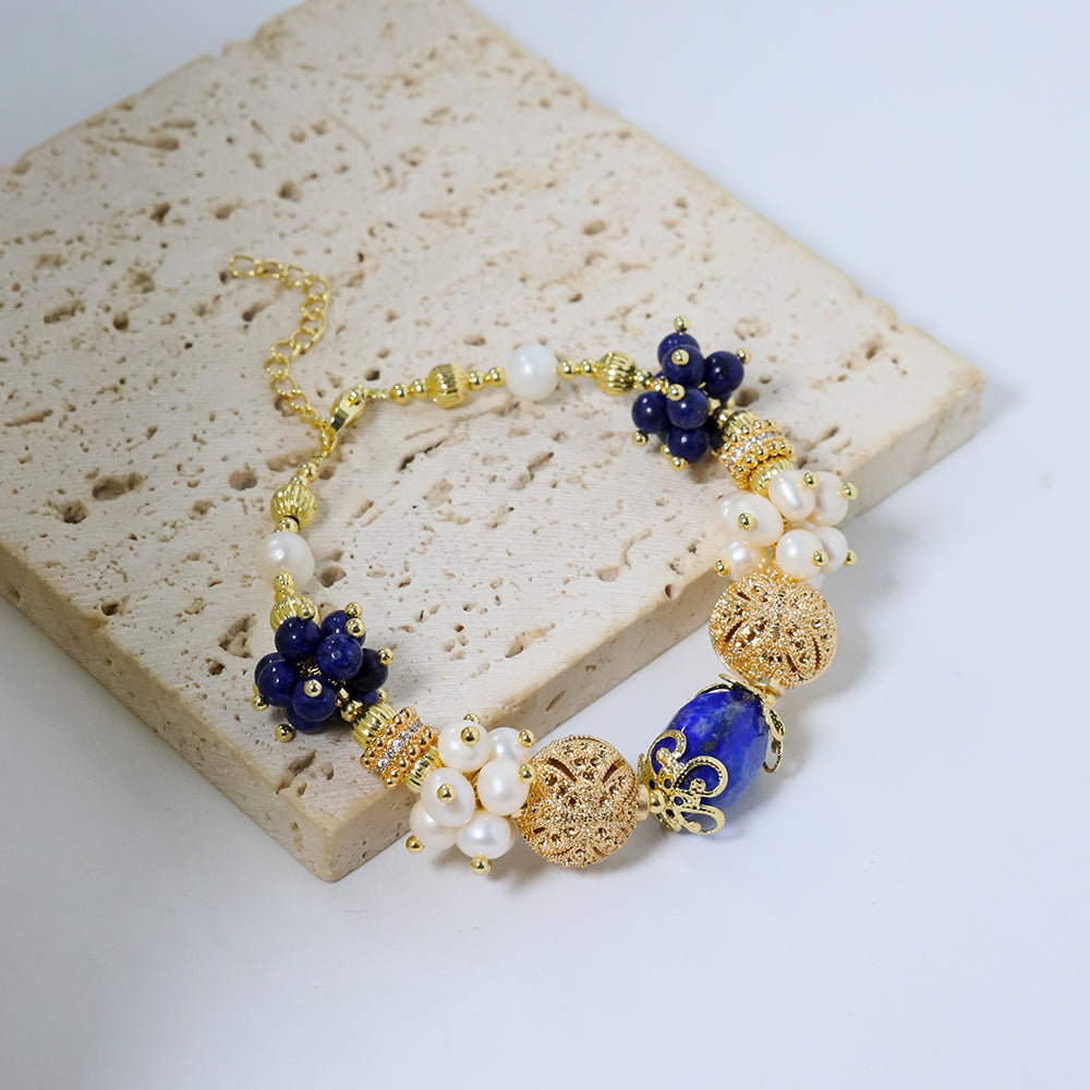 Natural Freshwater Pearl Lapis Lazuli Flower Bracelet Korean Women's Luxury Jewelry Fashion Women's and Girls' Gifts