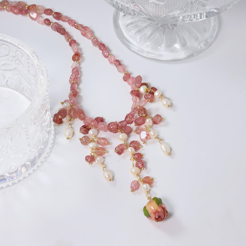 Natural Drip Glue Flower Berry Crystal Pearl Necklace Korean Women's Luxury Jewelry Fashion Women's and Girls' Gifts