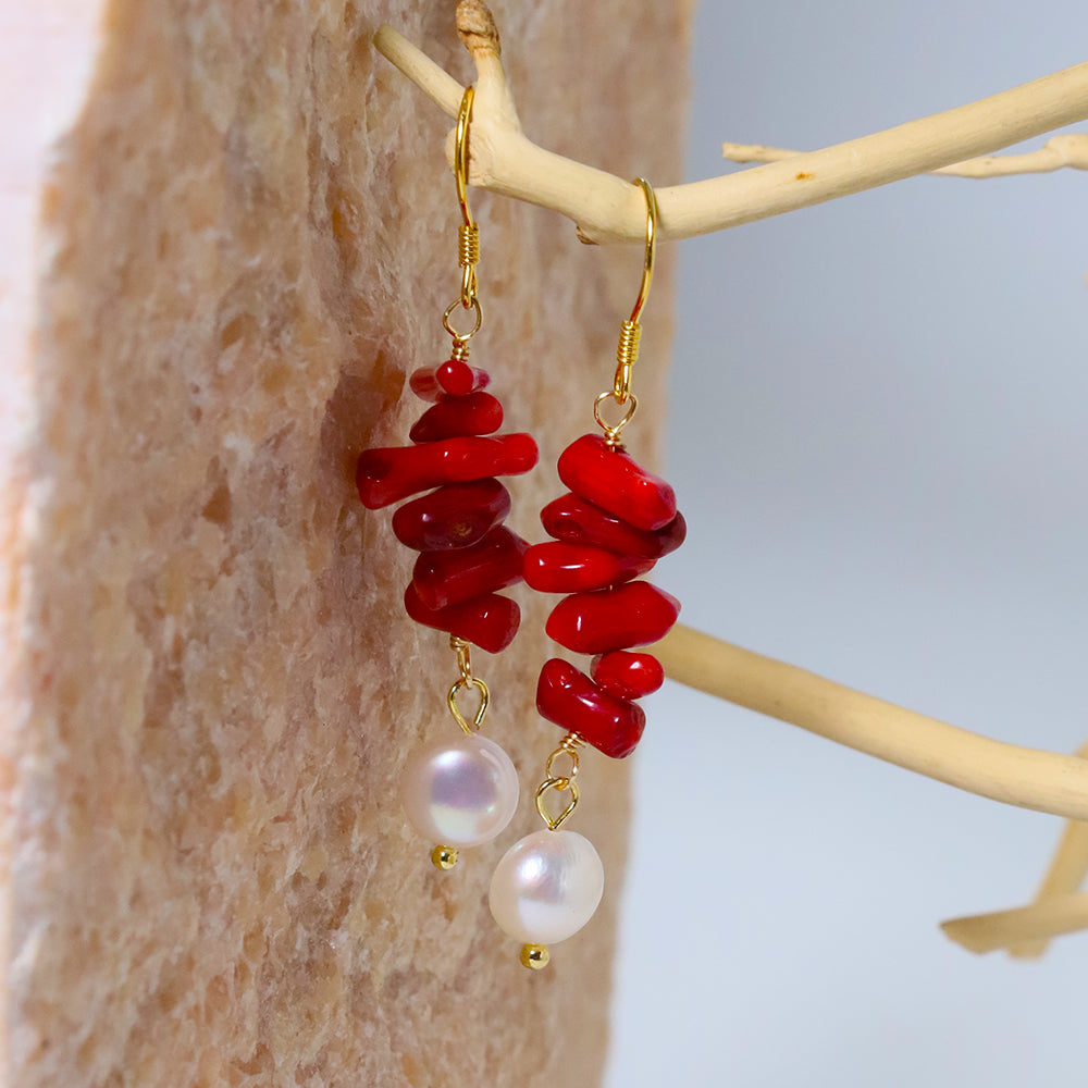 Natural Freshwater Pearl Long Red Coral Earring Korean Style Women Luxury Jewelry Fashion Ladies and Girls Gift