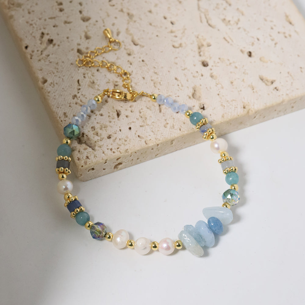 Natural Pearl Sea Blue Treasure Beaded Bracelet Retro Palace Style Fashion Jewelry Bracelet Gifts for Mom Wife Girlfriend