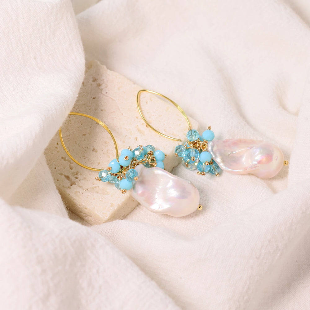 Natural Freshwater Baroque Pearl Blue Flower Earrings Korean Style Women Luxury Jewelry Fashion Ladies and Girls Gift