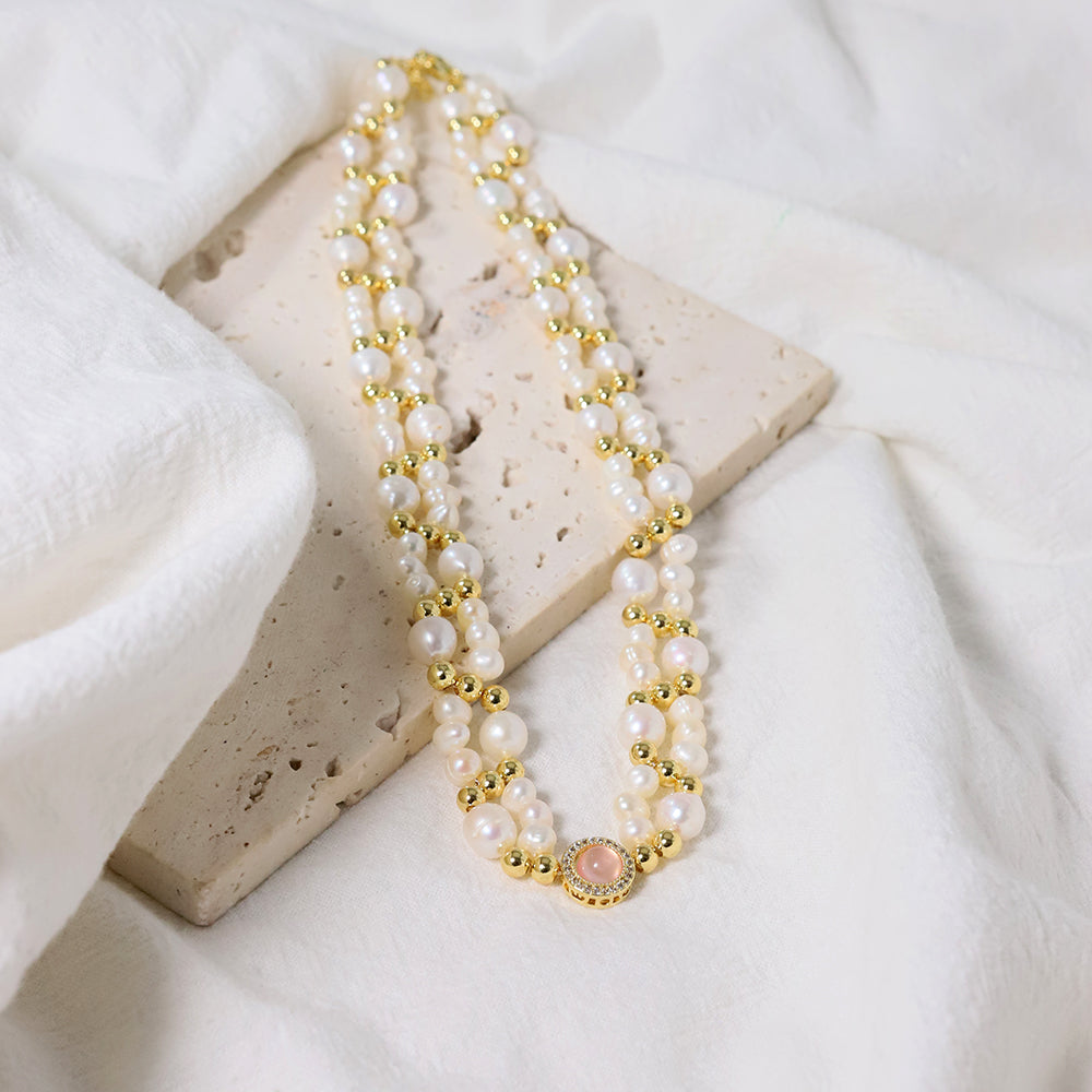 Natural Freshwater Pearl Double Layered Gold Bead Necklace Korean Women's Luxury Jewelry Fashion Women's and Girls' Gifts