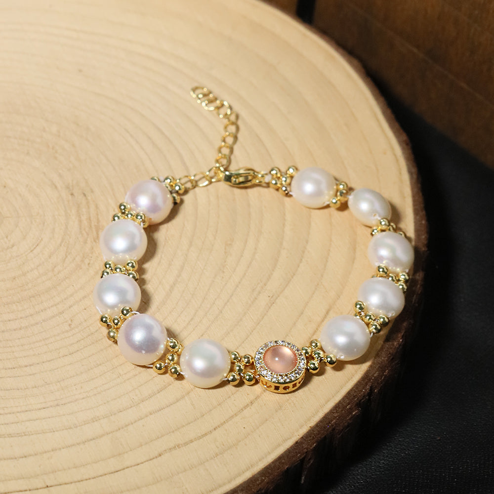 Natural Freshwater Pearl Pink Cat Eye Stone Bracelet Korean Style Women Luxury Jewelry Fashion Ladies and Girls Gift