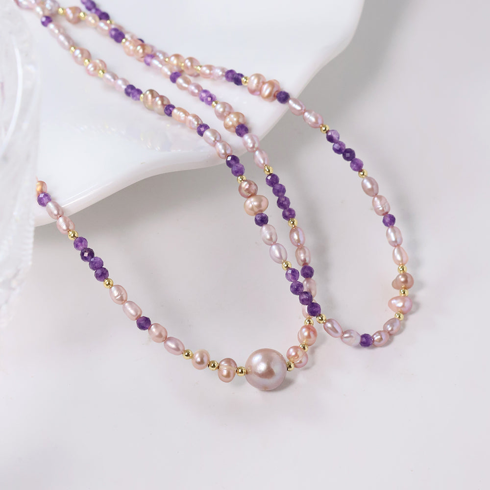 Natural Freshwater Pearl Amethyst Bead Necklace Korean Women's Luxury Jewelry Fashion Women's and Girls' Gifts