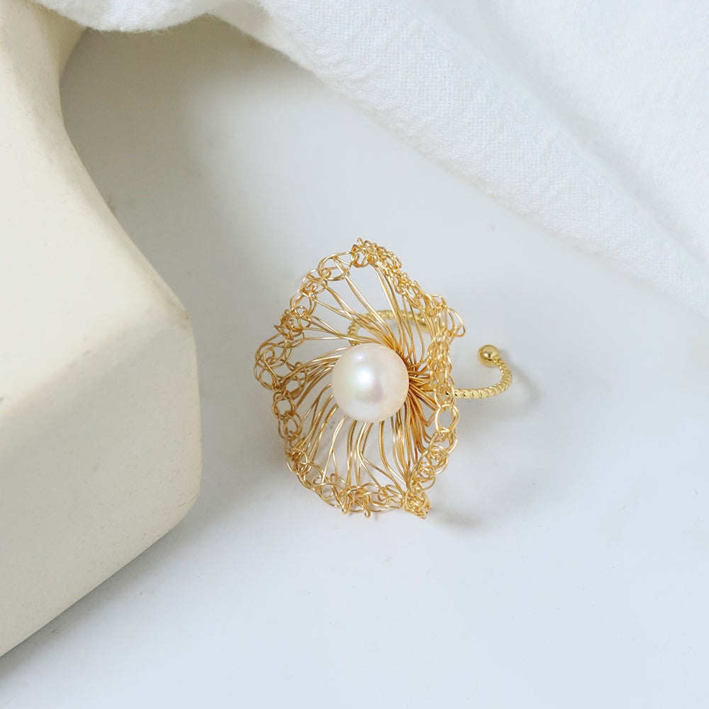 Natural Freshwater Pearl Gold Wire Wound Leaf Ring Korean Women's Luxury Jewelry Fashion Women's and Girls' Gifts