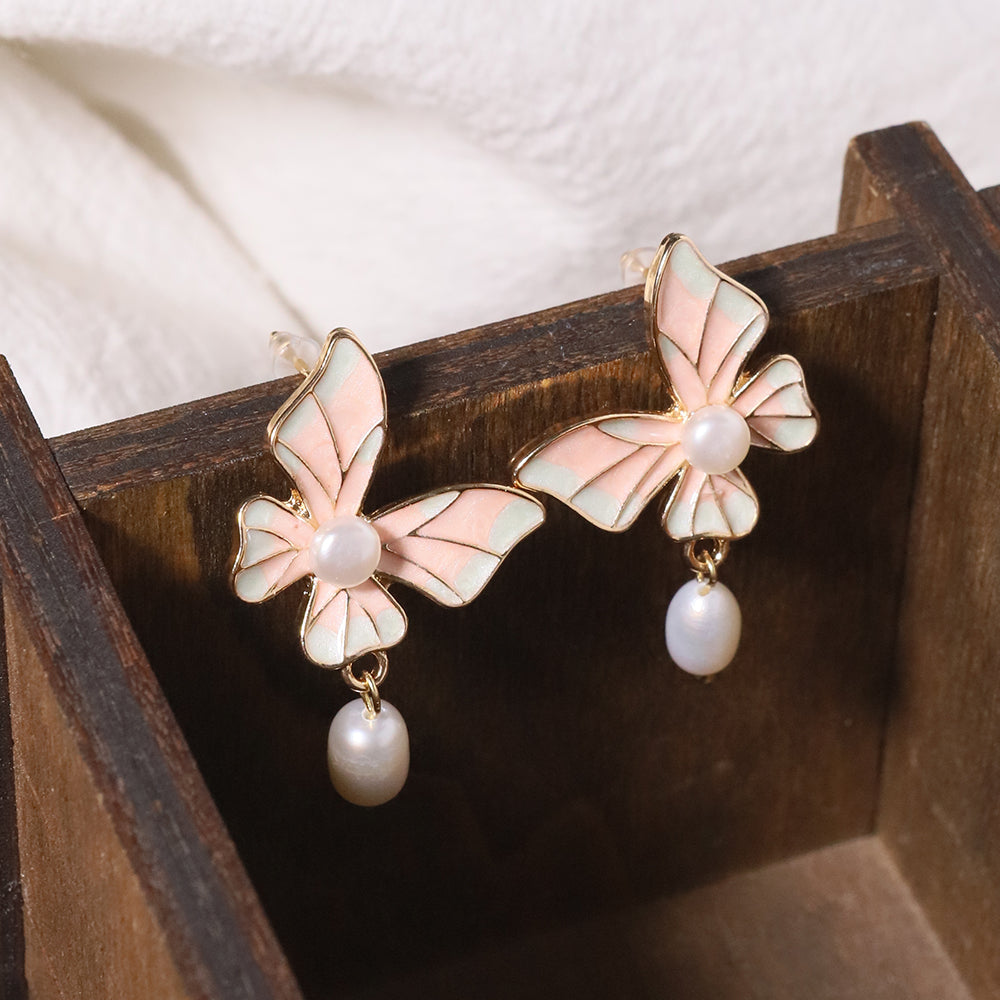 Natural Freshwater Pearl Pink Butterfly Pendant Earrings Korean Style Women Luxury Jewelry Fashion Ladies and Girls Gift