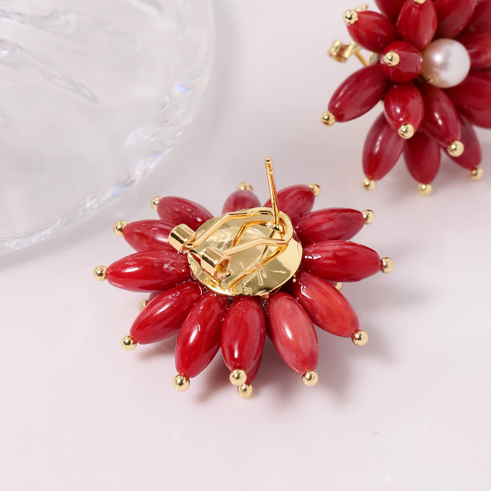 Natural Red Coral Stone Flower Freshwater Pearl Earrings Korean Style Women Luxury Jewelry Fashion Ladies and Girls Gift