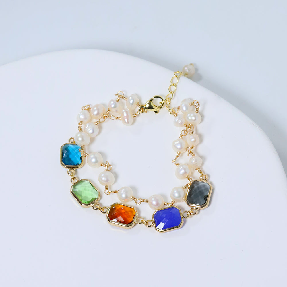 Natural Freshwater Pearl Colored Glass Double-layer Bracelet Korean Women's Luxury Jewelry Fashion Women's and Girls' Gifts