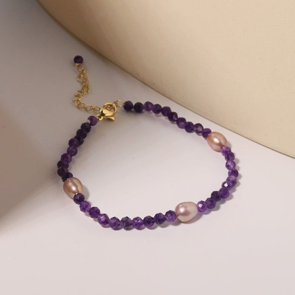 Natural Freshwater Pearl Multi-faceted Amethyst Bead Bracelet Korean Style Women Luxury Jewelry Fashion Ladies and Girls Gift