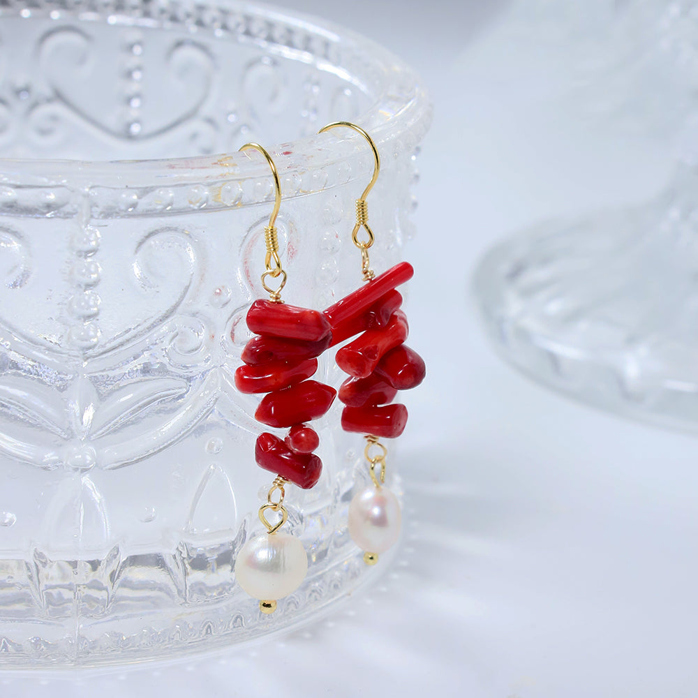 Natural Freshwater Pearl Long Red Coral Earring Korean Style Women Luxury Jewelry Fashion Ladies and Girls Gift