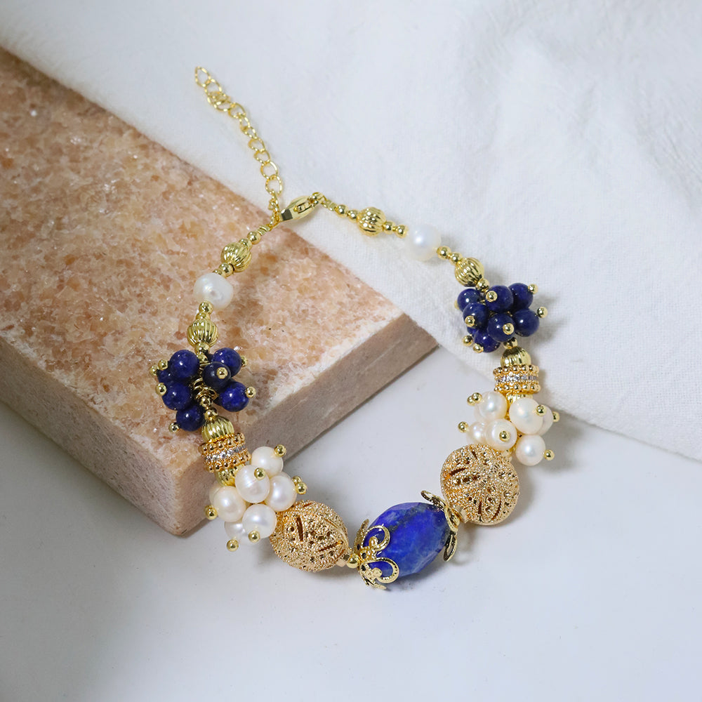 Natural Freshwater Pearl Lapis Lazuli Flower Bracelet Korean Women's Luxury Jewelry Fashion Women's and Girls' Gifts