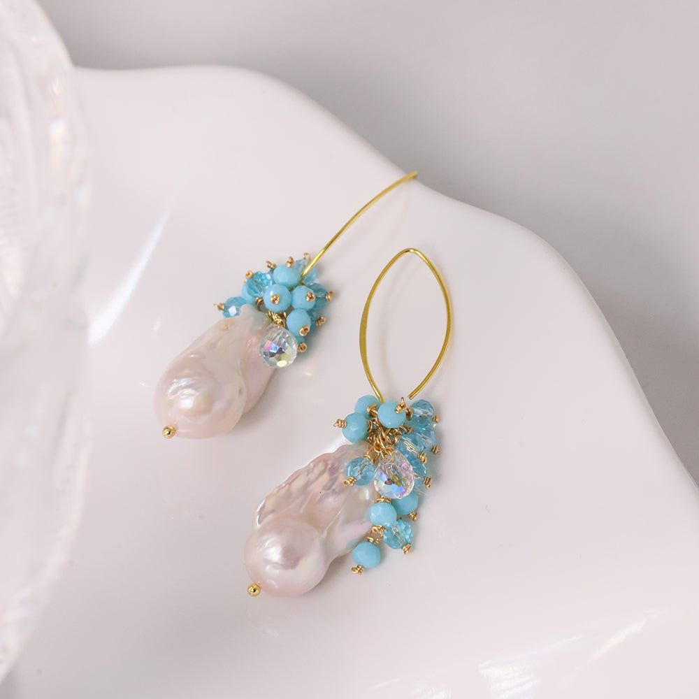 Natural Freshwater Baroque Pearl Blue Flower Earrings Korean Style Women Luxury Jewelry Fashion Ladies and Girls Gift