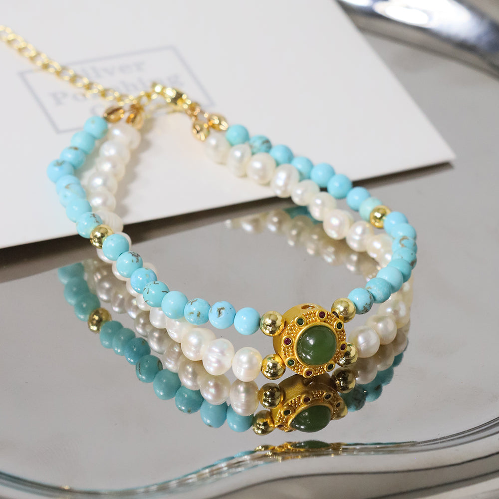 Natural Freshwater Pearl Turquoise Double-layer Bracelet Korean Women's Luxury Jewelry Fashion Women's and Girls' Gifts