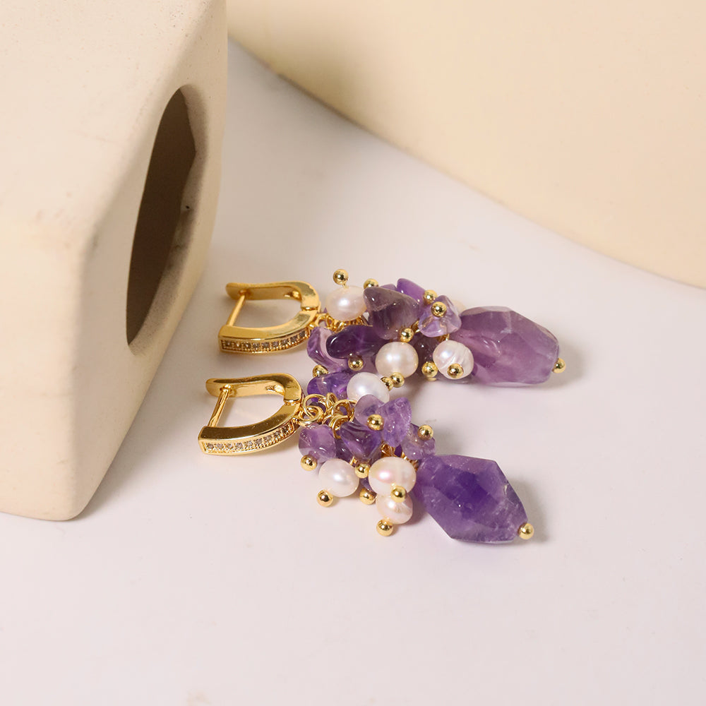 Natural Freshwater Pearl Amethyst Purple Earrings Earring for Woman Korean Fashion Style Vintage Personality Lady Jewelry