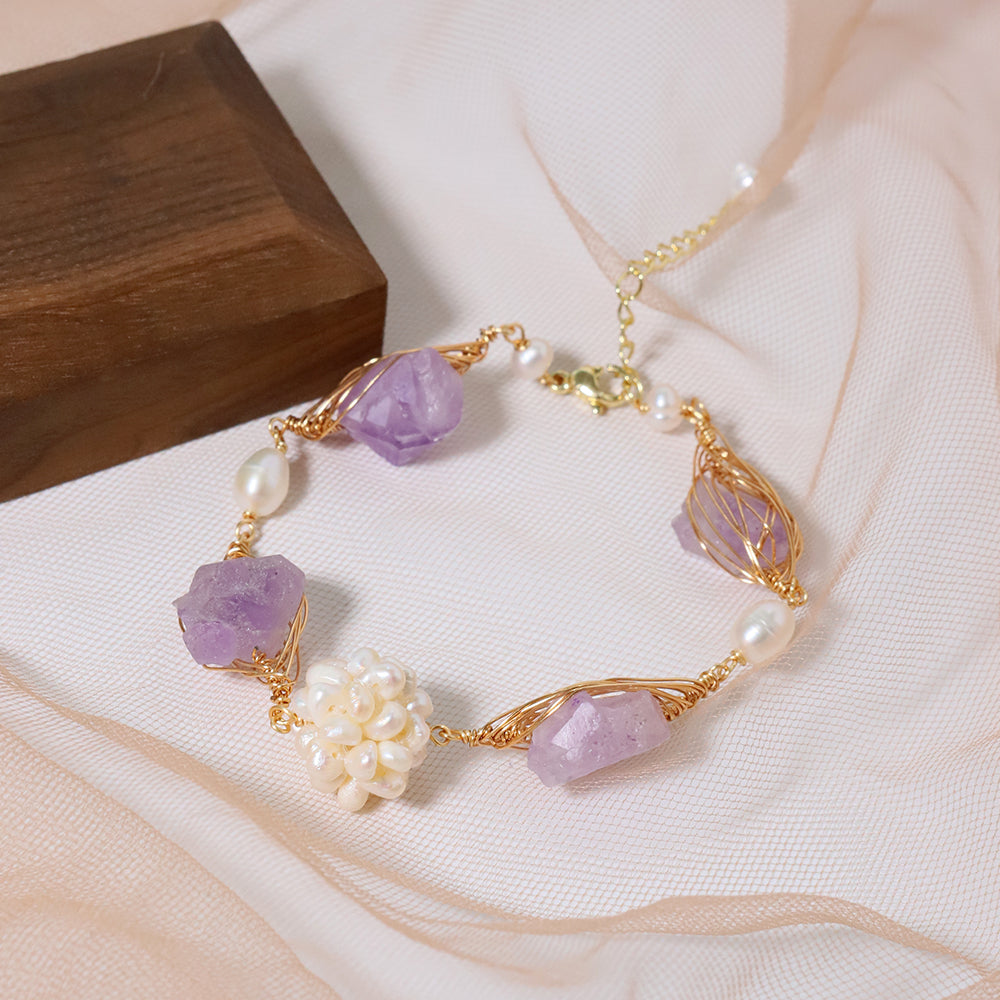 Natural Freshwater Pearl Flower Ball Amethyst Bracelet Korean Style Women Luxury Jewelry Fashion Ladies and Girls Gift