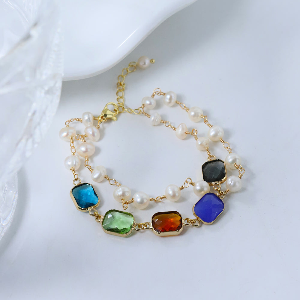 Natural Freshwater Pearl Colored Glass Double-layer Bracelet Korean Women's Luxury Jewelry Fashion Women's and Girls' Gifts