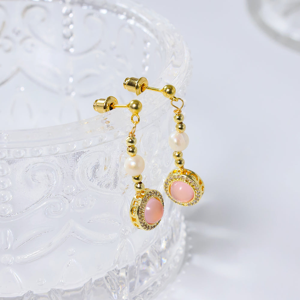 Natural Freshwater Pearl Inlaid Pink Crystal Gold Bead Earrings Korean Style Women Luxury Jewelry Fashion Ladies Gift