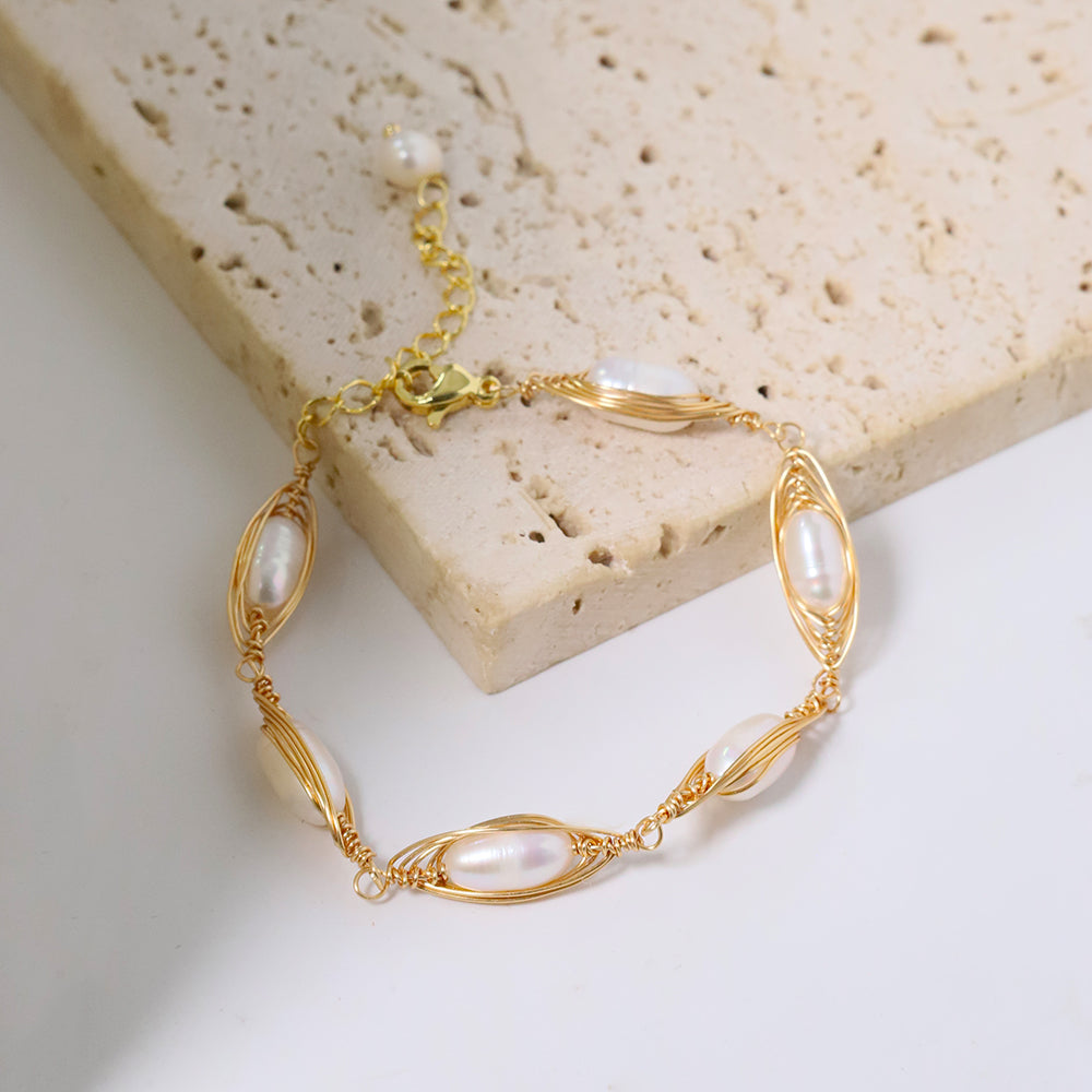 Natural Pearls Wrapped in Gold Thread Bracelet Retro Palace Style Fashion Jewelry Bracelet Gifts for Mom Wife Girlfriend