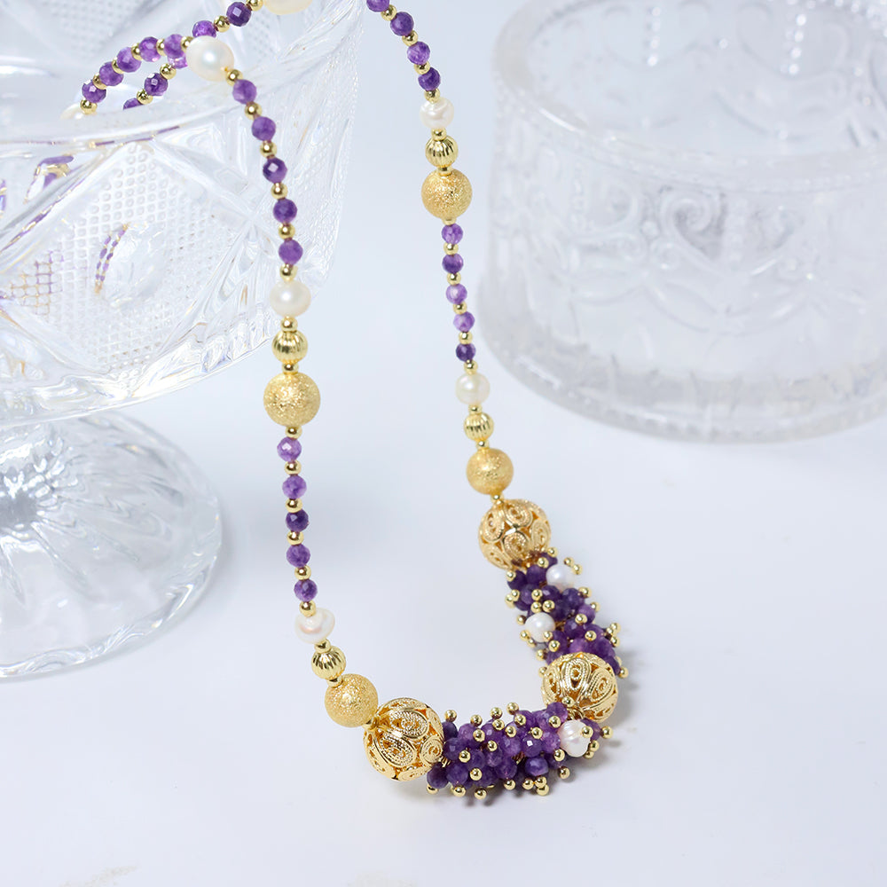 Natural Freshwater Pearl Amethyst Flower Cluster Necklace Korean Women's Luxury Jewelry Fashion Women's and Girls' Gifts