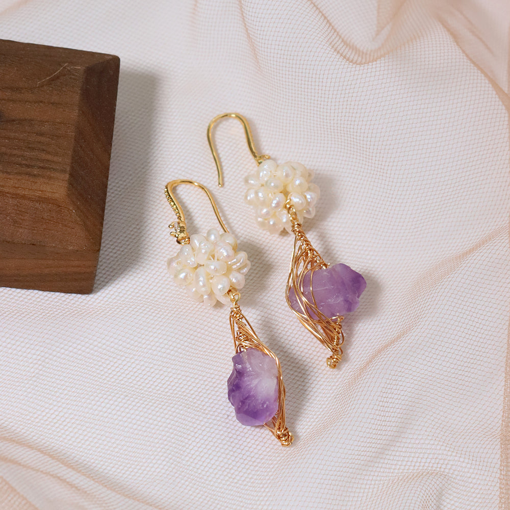 Natural Freshwater Pearl Flower Ball Amethyst Earrings Korean Style Women Luxury Jewelry Fashion Ladies and Girls Gift