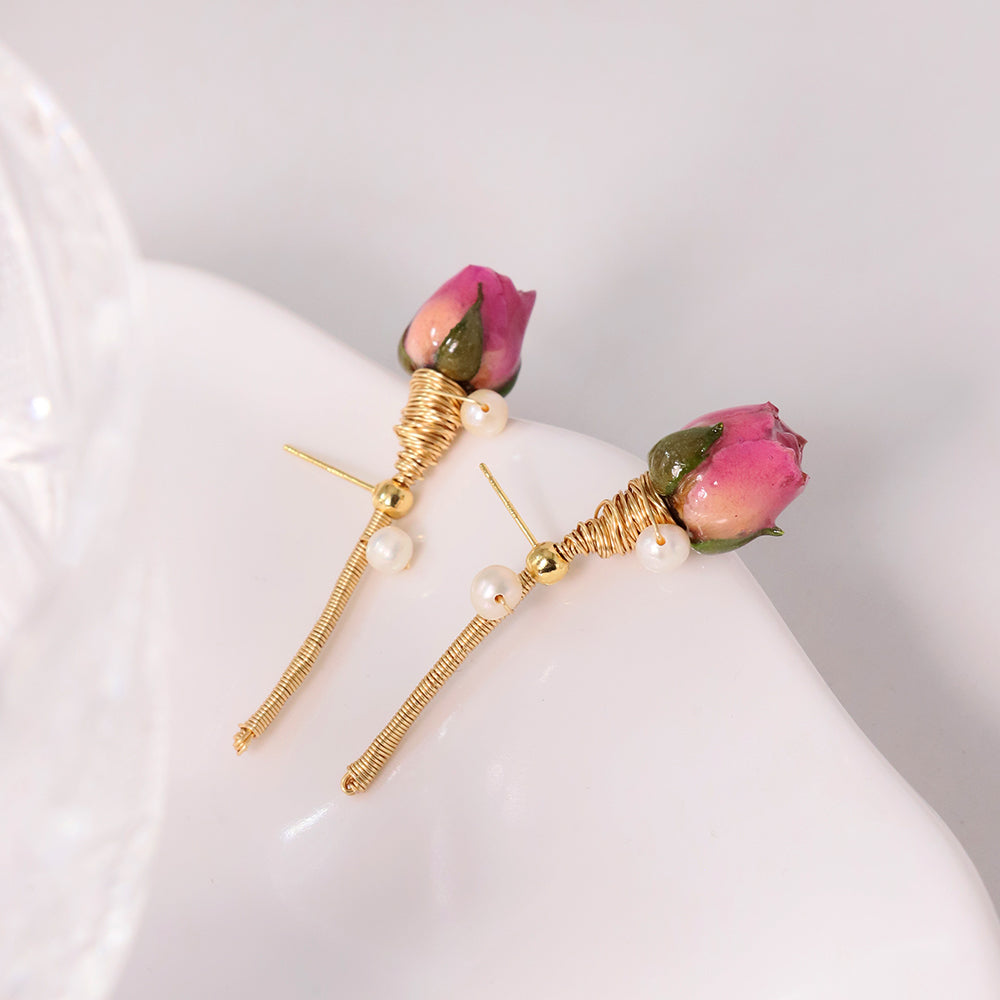 Natural Pearls Pink Bead Dropping Glue Flower Earrings Korean Style Women Luxury Jewelry Fashion Ladies and Girls Gift