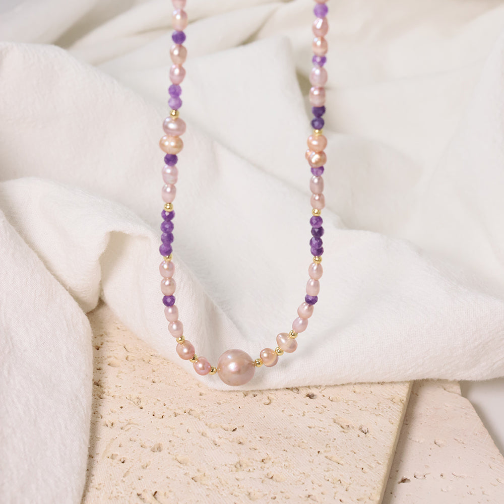 Natural Freshwater Pearl Amethyst Bead Necklace Korean Women's Luxury Jewelry Fashion Women's and Girls' Gifts