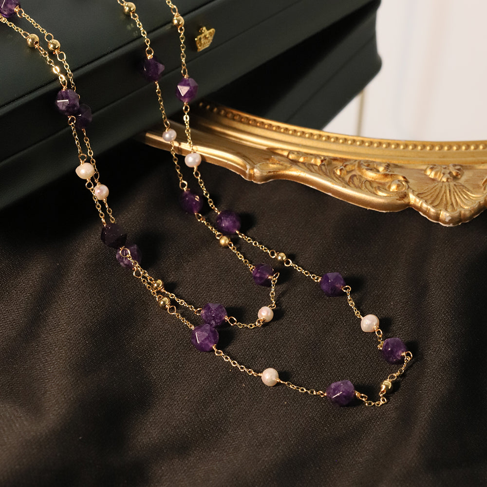 Natural Freshwater Pearl Amethyst Bead Sweater Chain Korean Style Women Luxury Jewelry Fashion Ladies and Girls Gift