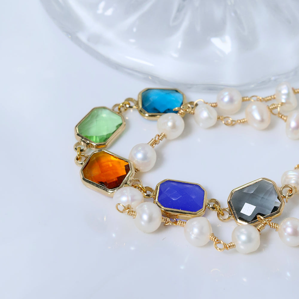 Natural Freshwater Pearl Colored Glass Double-layer Bracelet Korean Women's Luxury Jewelry Fashion Women's and Girls' Gifts