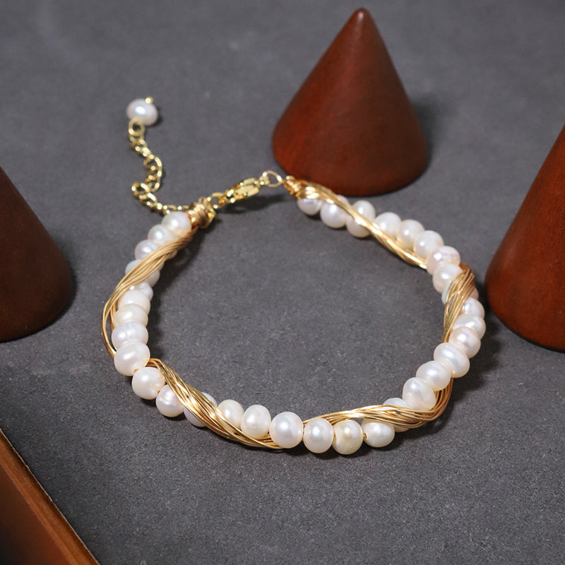 Natural Freshwater Pearl Gold Wire Wound Bracelet Korean Style Women Luxury Jewelry Fashion Ladies and Girls Gift