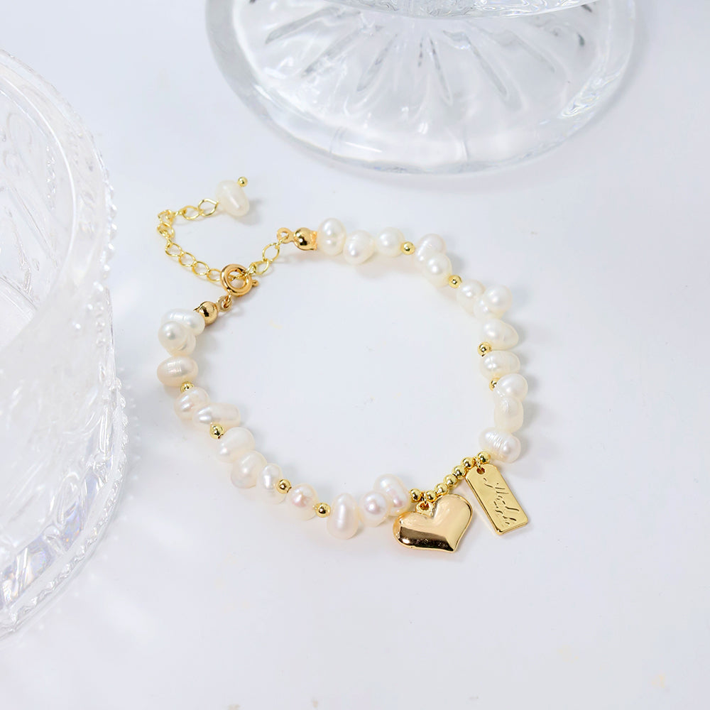 Natural Freshwater Pearl Rice Pearl Gold Love Pendant Bracelet Korean Women's Luxury Jewelry Fashion Women's and Girls' Gifts