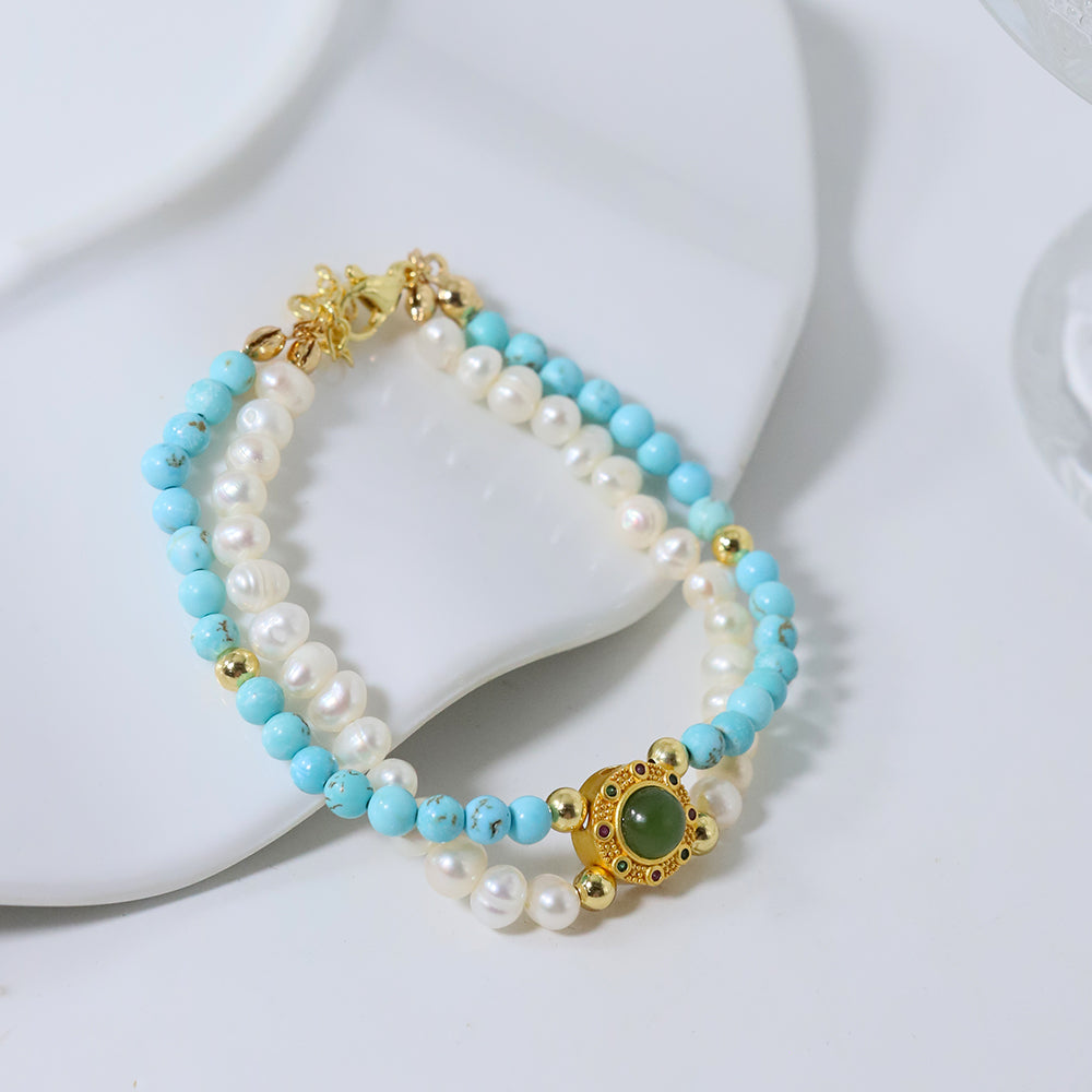 Natural Freshwater Pearl Turquoise Double-layer Bracelet Korean Women's Luxury Jewelry Fashion Women's and Girls' Gifts