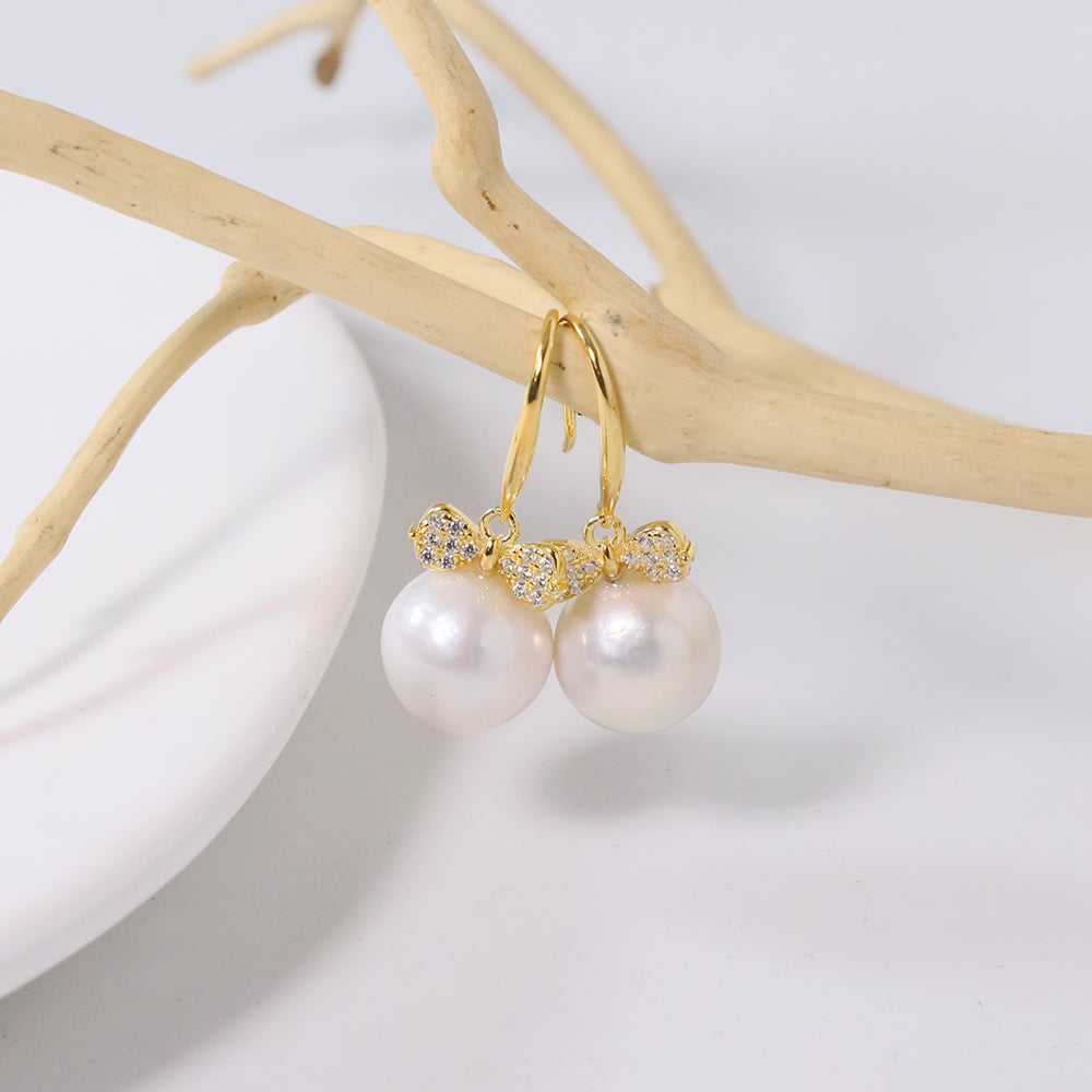 Natural Round Pearl 925 Silver Inlaid with Zircon Bow Knot Earrings for Women Korean Classic Vintage Fashion Jewelry Earrings