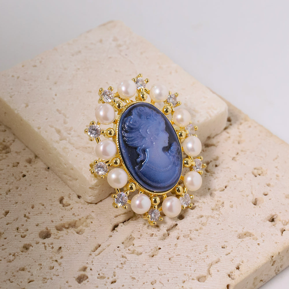 Natural Pearls Cameo Blue Carved Inlaid Zircon Brooches Women Fashion Jewelry Brooches Pearl Brooch Madam Gift