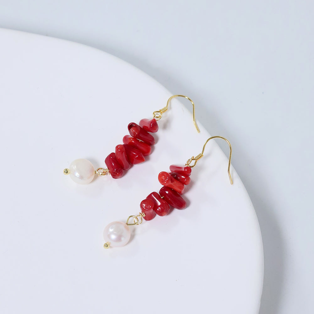 Natural Freshwater Pearl Long Red Coral Earring Korean Style Women Luxury Jewelry Fashion Ladies and Girls Gift