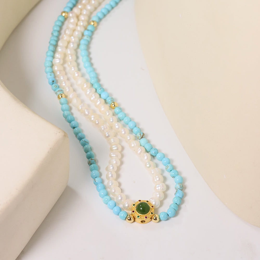 Natural Freshwater Pearl Turquoise Double-layer Necklace Korean Women's Luxury Jewelry Fashion Women's and Girls' Gifts