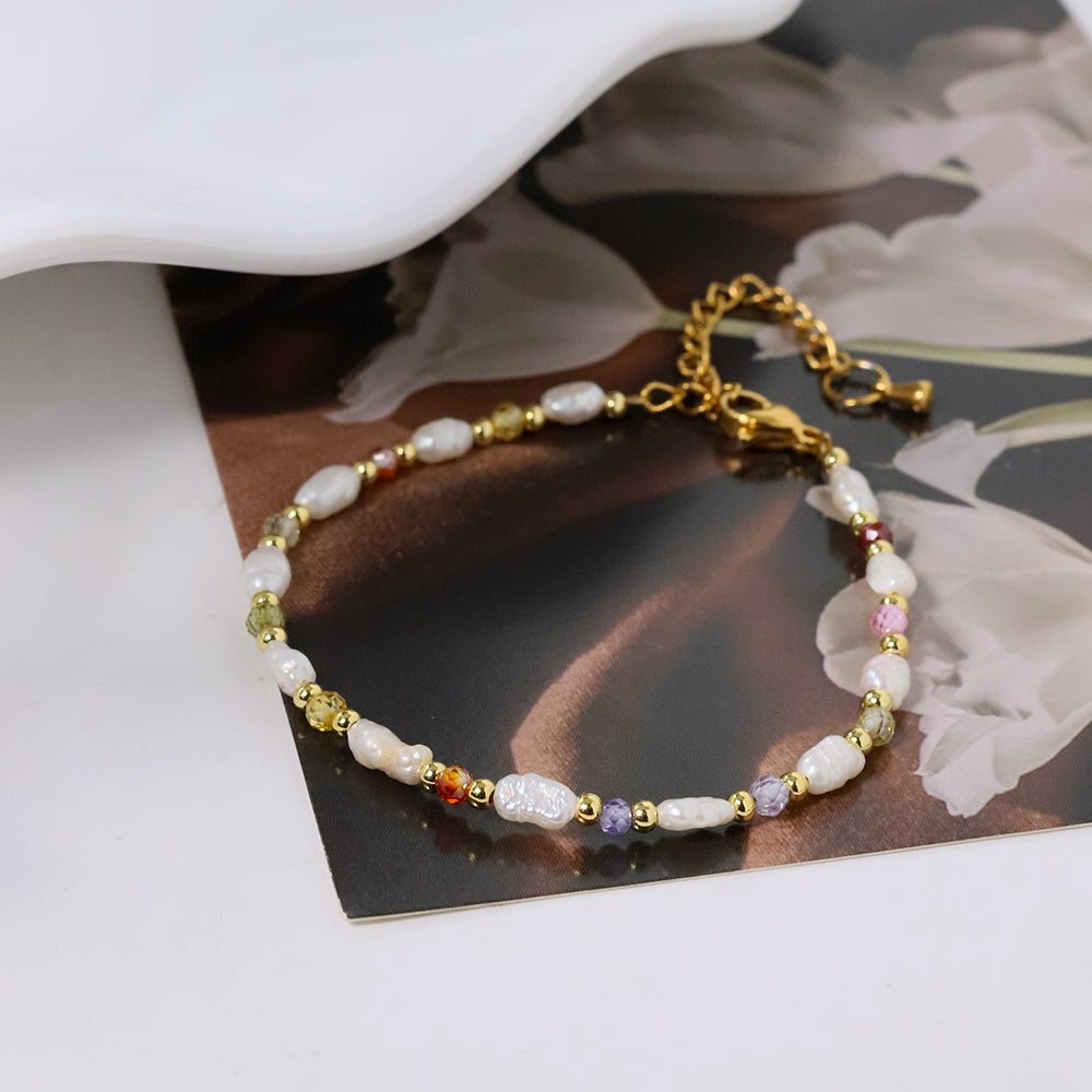 Natural Freshwater Pearl Colored Crystal Bead Bracelet Korean Women's Luxury Jewelry Fashion Women's and Girls' Gifts