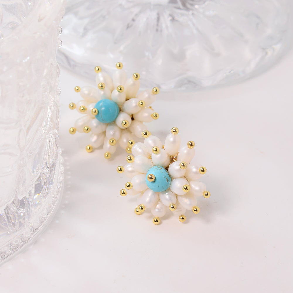 Natural Pearl Turquoise Flower Earrings Korean Style Women Luxury Jewelry Fashion Ladies and Girls Gift