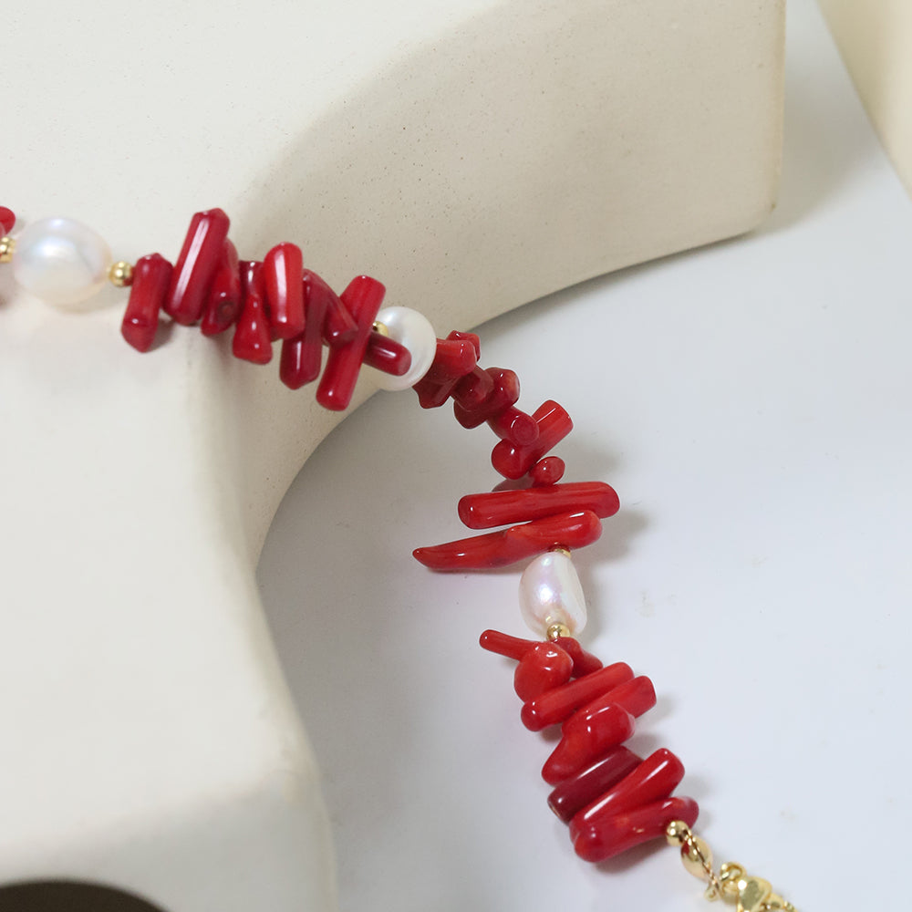 Natural Freshwater Pearl Red Coral Stone Bead Bracelet Korean Women's Luxury Jewelry Fashion Women's and Girls' Gifts