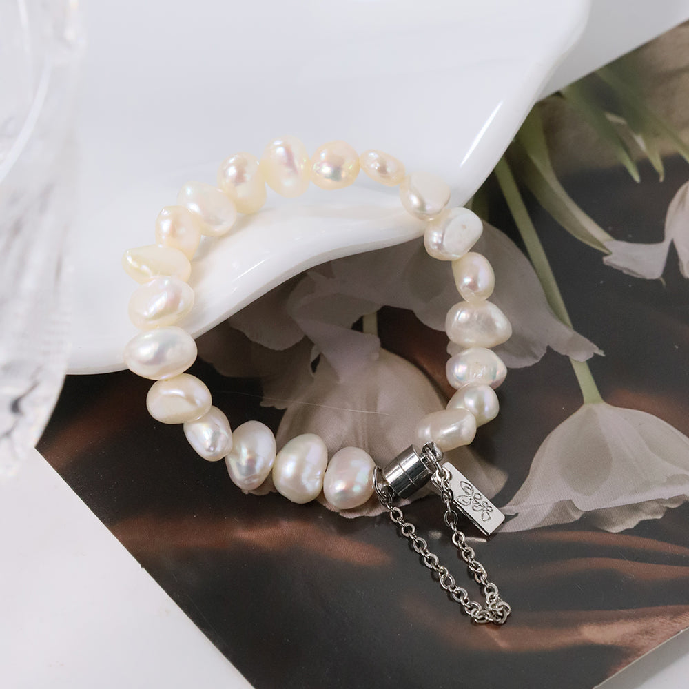 Natural Freshwater Pearl Semi Baroque Bead Bracelet Korean Women's Luxury Jewelry Fashion Women's and Girls' Gifts