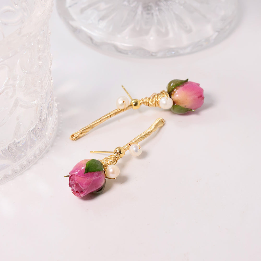 Natural Pearls Pink Bead Dropping Glue Flower Earrings Korean Style Women Luxury Jewelry Fashion Ladies and Girls Gift