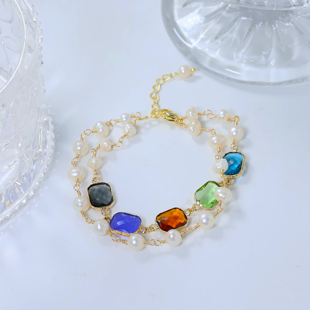 Natural Freshwater Pearl Colored Glass Double-layer Bracelet Korean Women's Luxury Jewelry Fashion Women's and Girls' Gifts