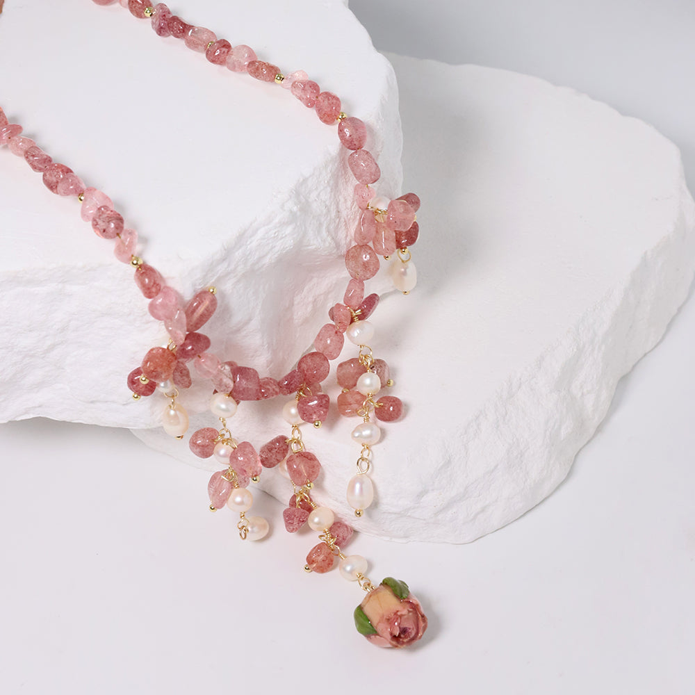 Natural Drip Glue Flower Berry Crystal Pearl Necklace Korean Women's Luxury Jewelry Fashion Women's and Girls' Gifts