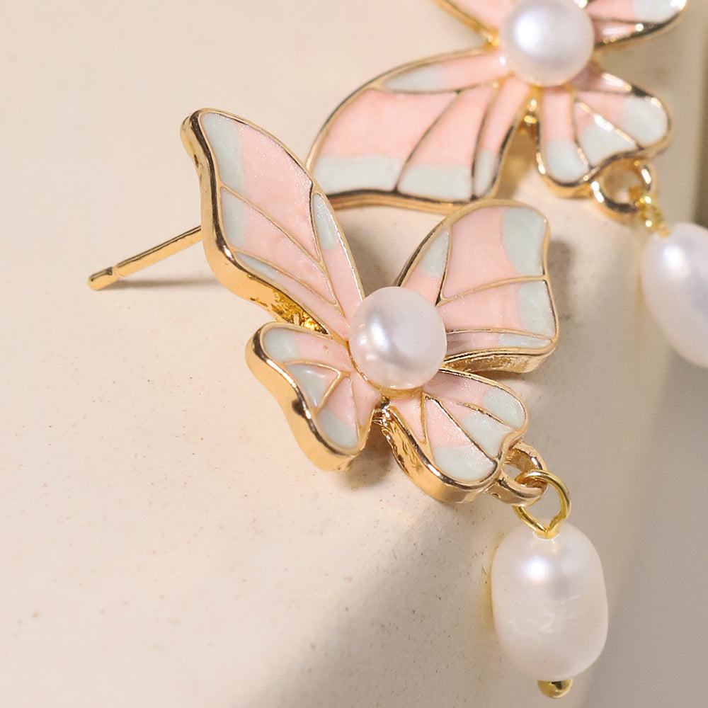 Natural Freshwater Pearl Pink Butterfly Pendant Earrings Korean Style Women Luxury Jewelry Fashion Ladies and Girls Gift